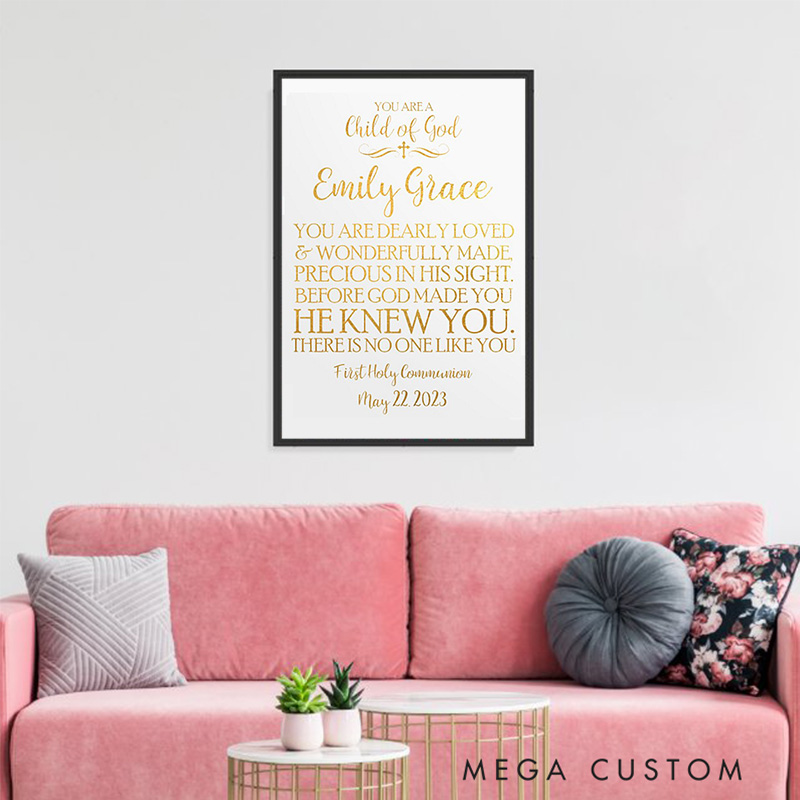 Personalized You Are a Child of God Gold Cross Framed Canvas Painting with Name and Date Wall Decor Christening Gift Religious Gift