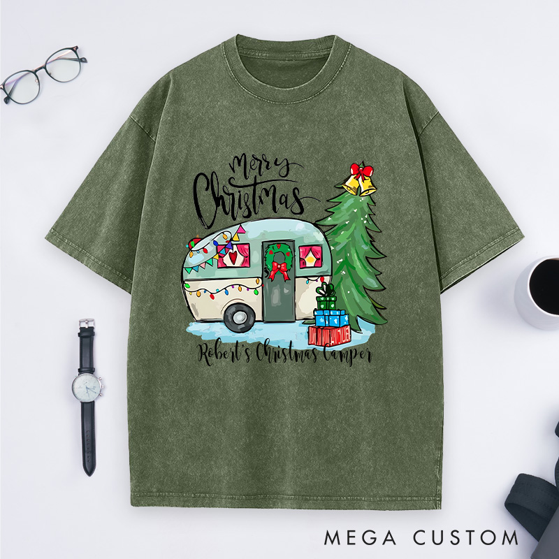 Personalized Camper Christmas Washed T-Shirt Hiking Outdoors Lover T-Shirt Christmas Gift
