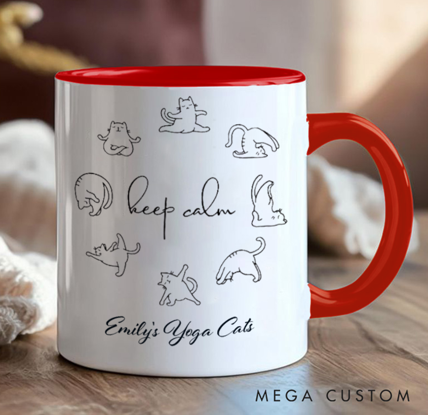 Personalized Yoga Cats Mug with Cute Cat Poses Custom Name Perfect Gift for Yoga Lover and Cat Lover