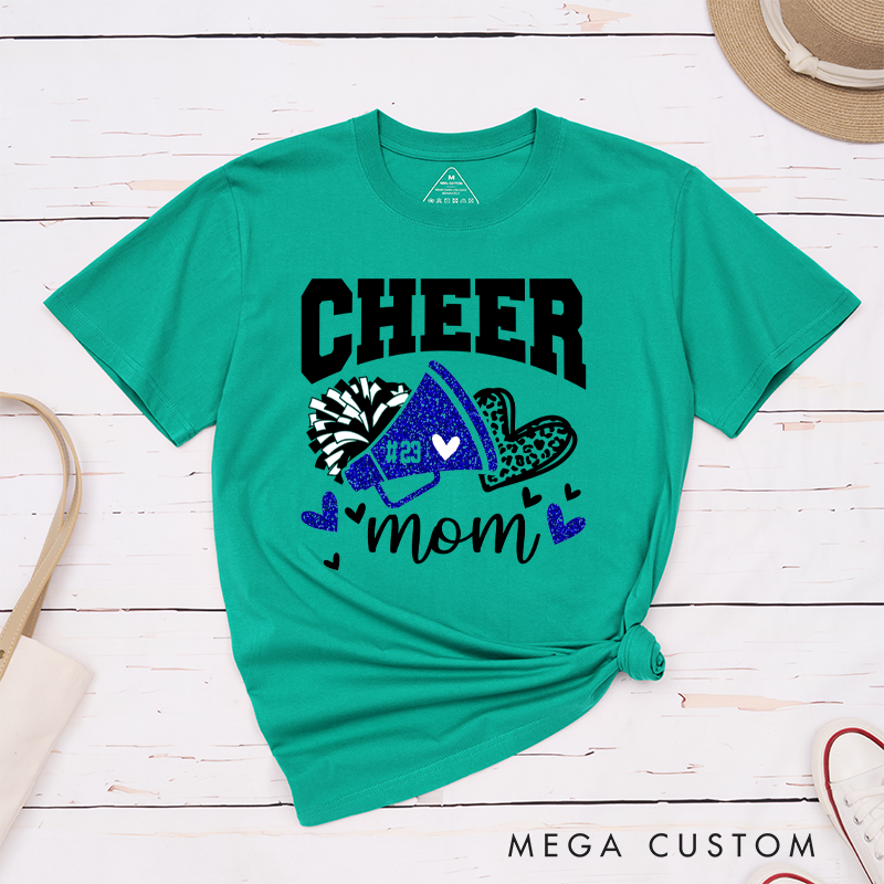 Personalized Cheer Mom T-Shirts Featuring Custom Name - Leopard Glitter Print Heart T-Shirt