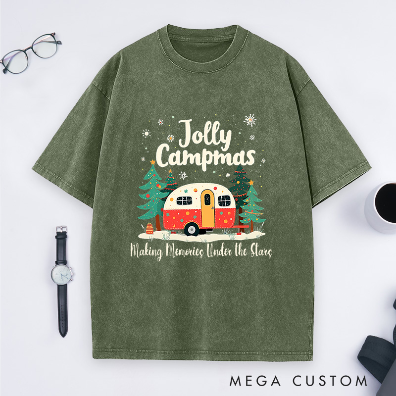 Personalized Jolly Campmas Washed T-Shirt Outdoor Camping Christmas Shirt Gift for Hiking Lover