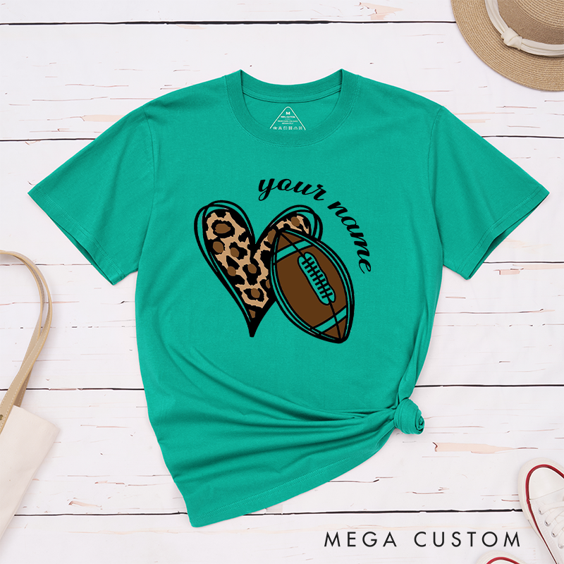 Personalized American Football and Rugby Leopard Love T-Shirts Featuring Custom Name