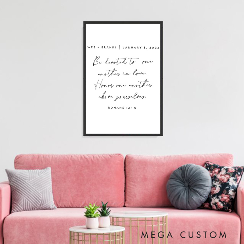 Personalized Romans 12:10 Bible Verse Framed Canvas Painting with Name and Date Religious Wall Art Gift Wedding Gift