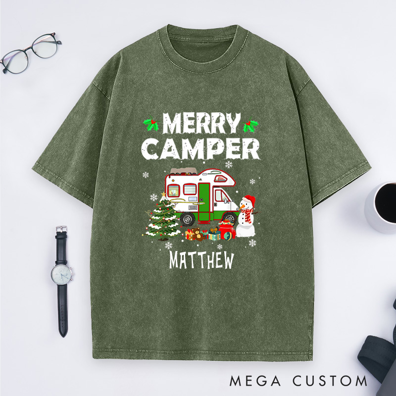 Personalized Merry Camper Washed T-Shirt Outdoor Camping Christmas T-Shirt Holiday Gift for Hiking Lovers