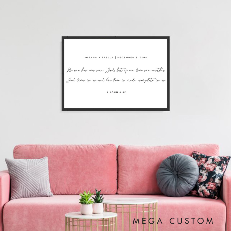 Personalized 1 John 4:12 Bible Verse Framed Canvas Painting with Name and Date Religious Wall Art Gift Wedding Gift