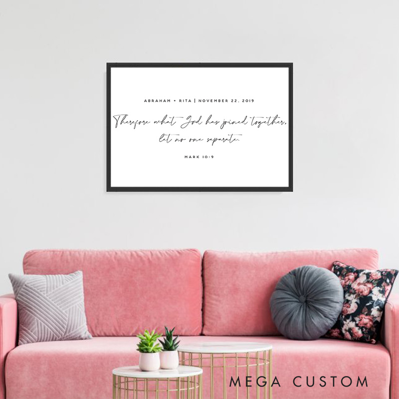 Personalized Mark 10:9 Bible Verse Framed Canvas Painting with Name and Date Religious Wall Art Gift