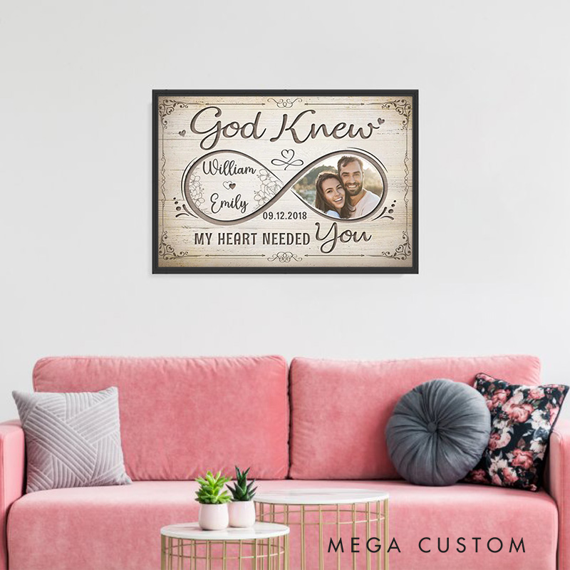 Personalized God Knew My Heart Needed you Framed Canvas Painting with Name Photo and Date Religious Wall Art Gift
