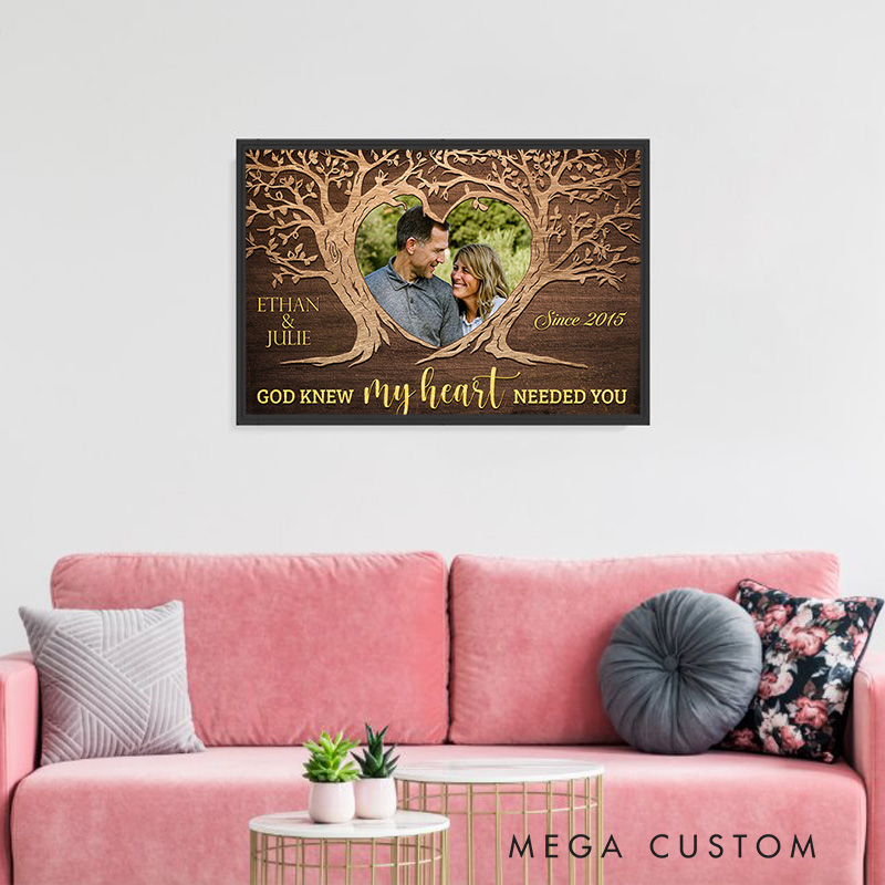 Personalized God Knew My Heart Needed you with Tree Design Framed Canvas Painting with Name and Photo Religious Wall Art Gift