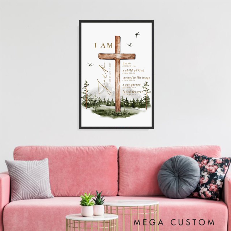 Personalized Cross Forest Bible Verse Framed Painting with Name and Text Wall Decor Christening Baptism Gift for Boys