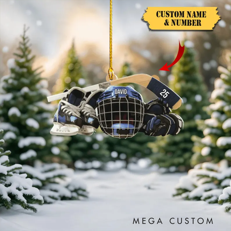 Personalized Hockey Ornament with Custom Name, Number, Gear Design, and Colors
