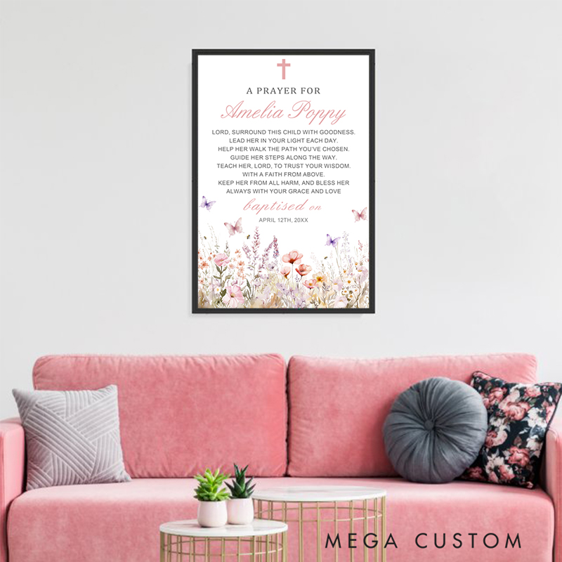 Personalized Baptism Prayer Art Wildflower Framed Painting with Name and Text Wall Decor Baptism Christening Gift for Girls