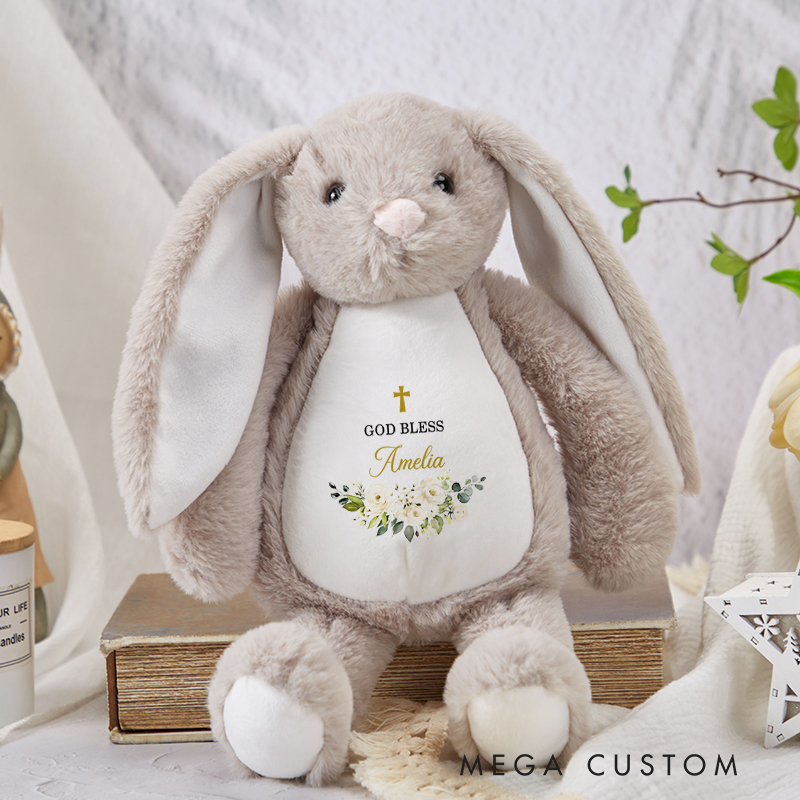 Personalized God Bless Stuffed Bunny Plush Toy with Name Birthday Baptism Gift for Babies