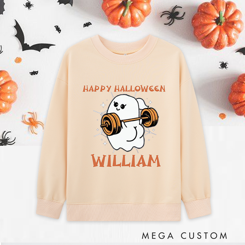 Personalized Halloween Classic Sweatshirts with Adorable Ghost Lifting Barbell Sweatshirts Gift for Fitness Enthusiasts Bodybuilders and Gym Lovers