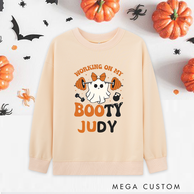Personalized Halloween Classic Sweatshirts with Ghost Barbell Working on My Booty Sweatshirts Gift for Fitness Enthusiasts Bodybuilders and Gym Lovers