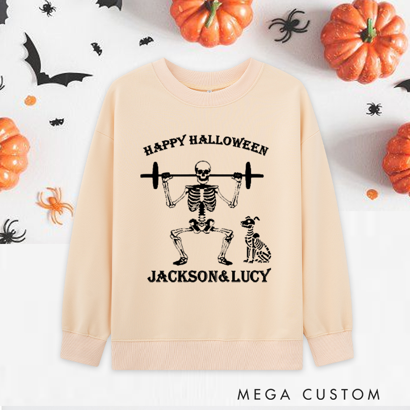 Personalized Halloween Classic Sweatshirts with Skeleton Weightlifting with Dog Sweatshirts Gift for Fitness Enthusiasts Bodybuilders and Gym Lovers