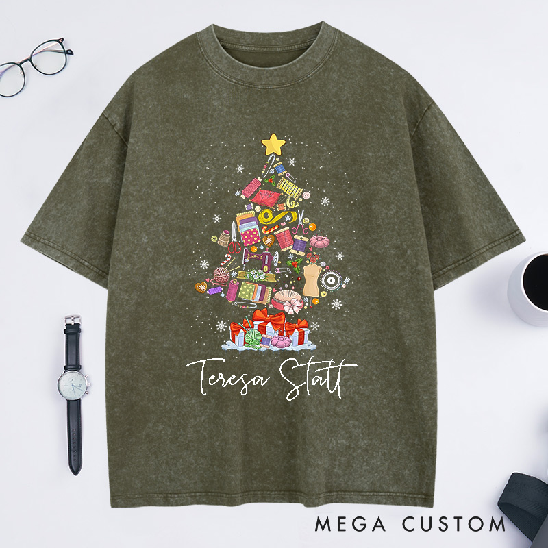 Personalized Sewing Machine Christmas Tree Washed T-Shirts Quilting Shirt Sewing Lover T-Shirt Christmas Tailor Gift Sewing Christmas Shirt