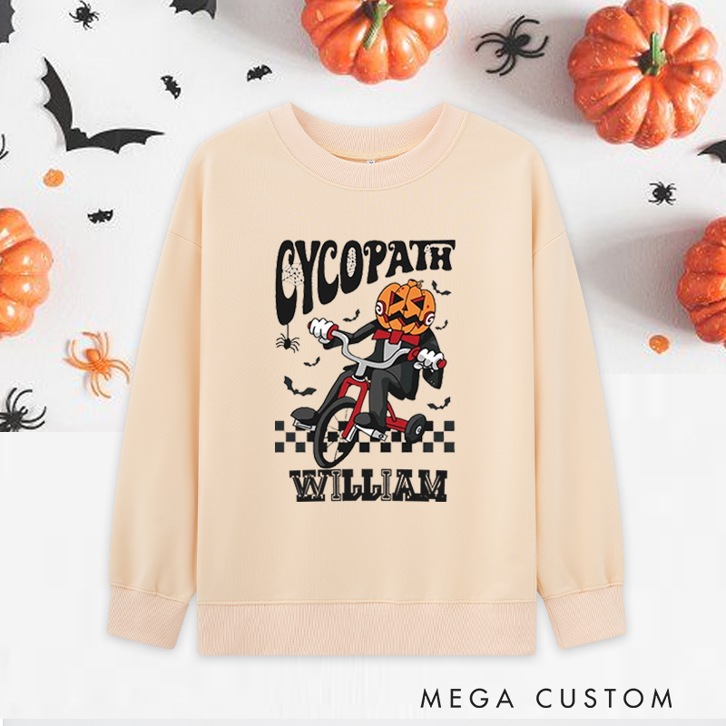 Personalized Halloween Classic Sweatshirts with Pumpkin Head Riding Tricycle for Fitness Enthusiasts Bodybuilders and Gym Lovers