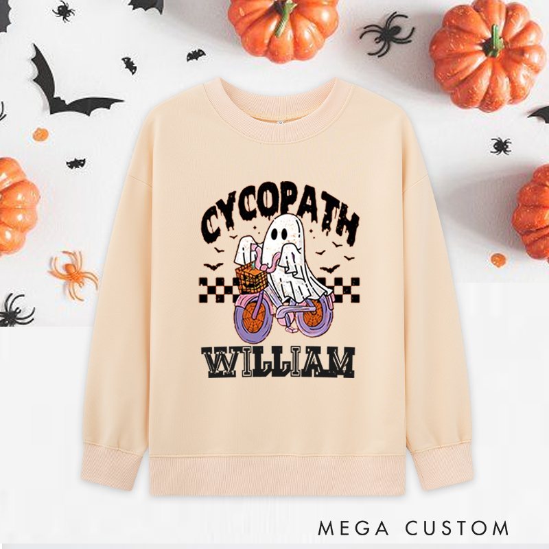 Personalized Halloween Classic Sweatshirts with Ghost Riding Bike with Basket for Fitness Enthusiasts Bodybuilders and Gym Lovers