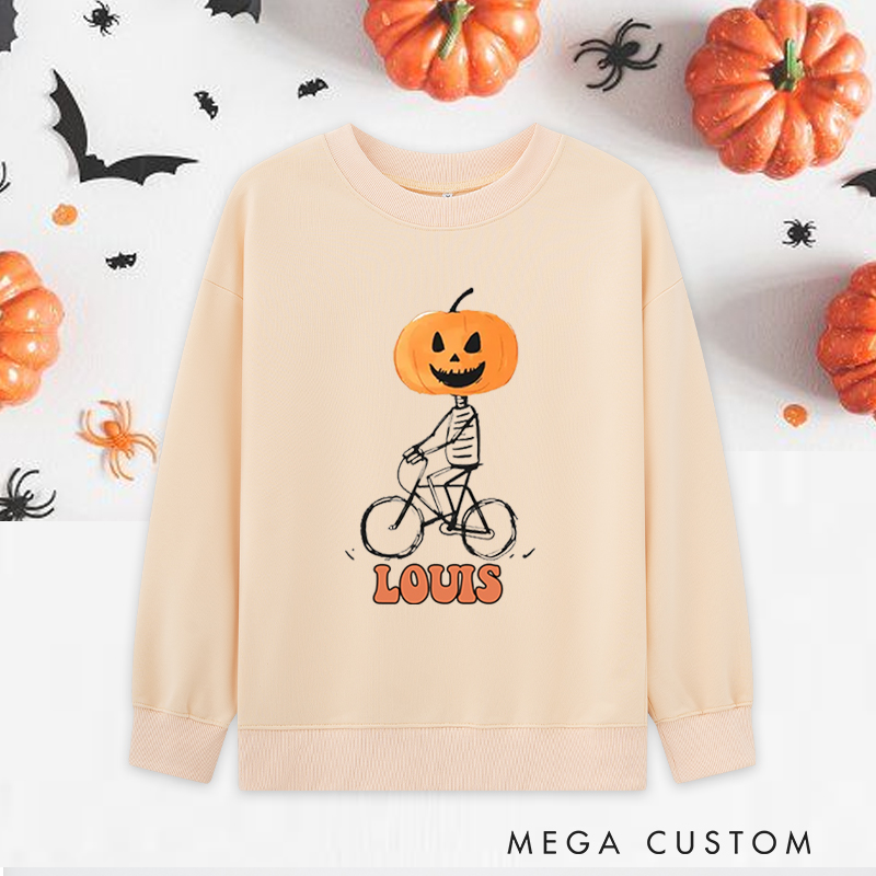 Personalized Halloween Classic Sweatshirts with Pumpkin Head Skeleton Riding Bike for Fitness Enthusiasts Bodybuilders and Gym Lovers