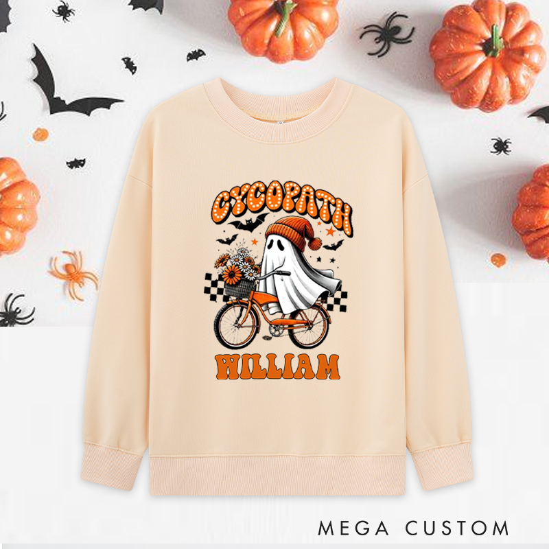 Personalized Halloween Classic Sweatshirts with Ghost Riding Bike with Flowers for Fitness Enthusiasts Bodybuilders and Gym Lovers