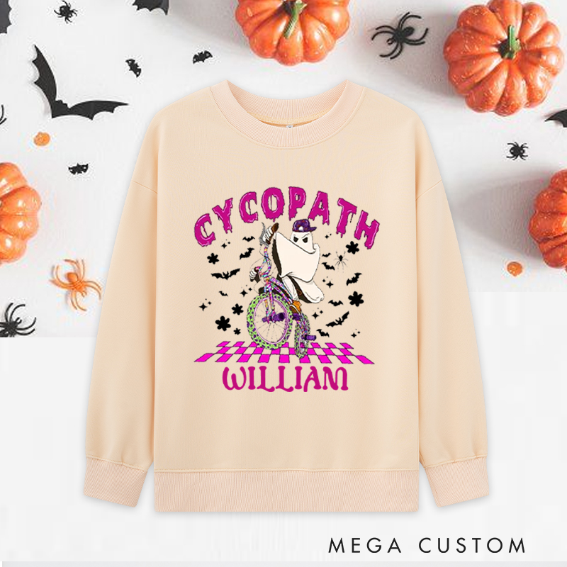Personalized Halloween Classic Sweatshirts with Funny Ghost Biking with Spooky Bats for Fitness Enthusiasts Bodybuilders and Gym Lovers
