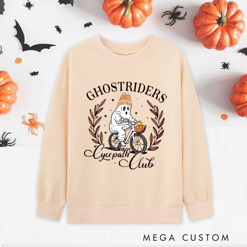 Personalized Halloween Classic Sweatshirts with Funny Ghost Biking with Autumn Wreath for Fitness Enthusiasts Bodybuilders and Gym Lovers