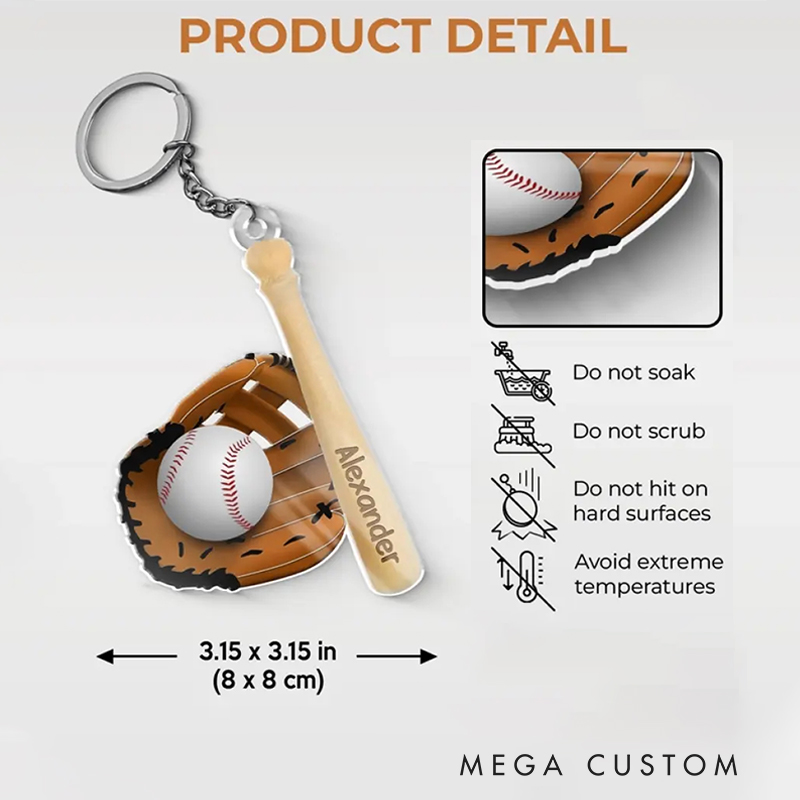 Personalized Baseball Acrylic Keychain with Custom Name on Mini Bat