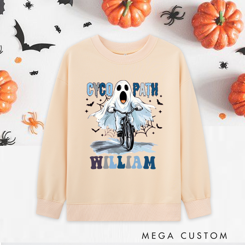 Personalized Halloween Classic Sweatshirts with Funny Ghost on Bicycle Screaming Face and Headphones for Fitness Enthusiasts Bodybuilders and Gym Lovers