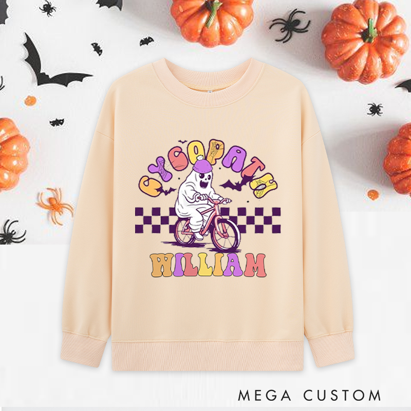 Personalized Halloween Classic Sweatshirts with Ghost on Bike with Purple Helmet for Fitness Enthusiasts Bodybuilders and Gym Lovers