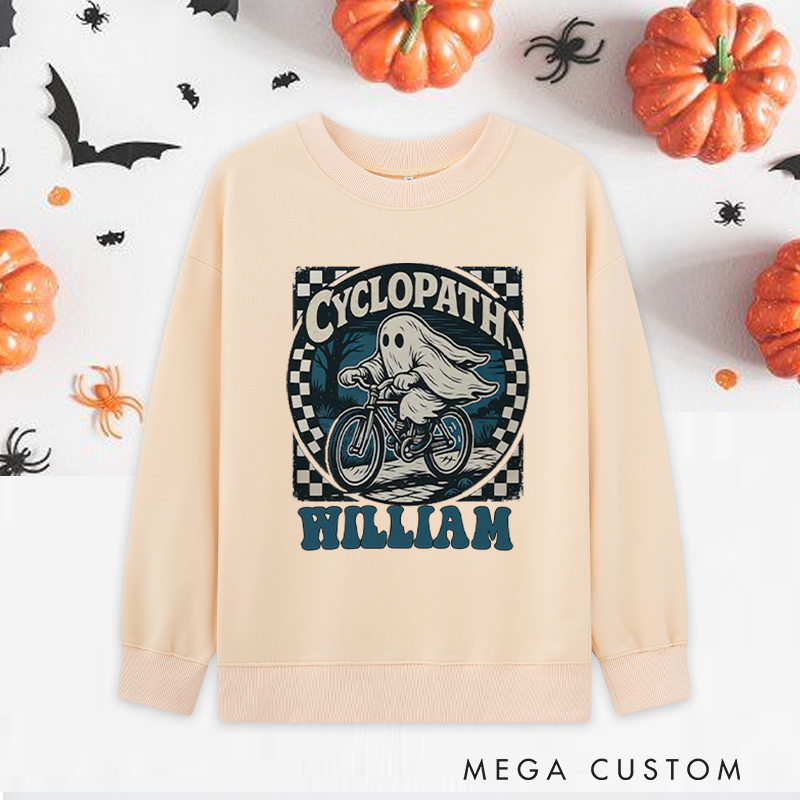 Personalized Halloween Classic Sweatshirts with Spooky Ghost Riding Bicycle for Fitness Enthusiasts Bodybuilders and Gym Lovers