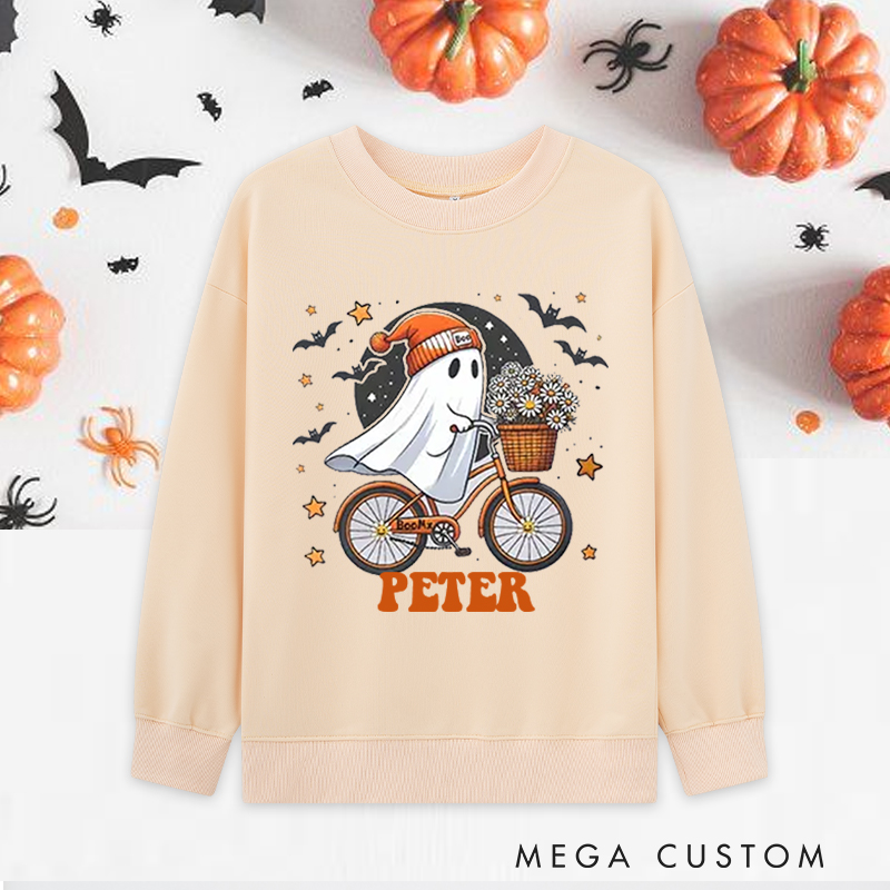 Personalized Halloween Classic Sweatshirts with Cute Ghost Riding Bike Basket of Flowers for Fitness Enthusiasts Bodybuilders and Gym Lovers
