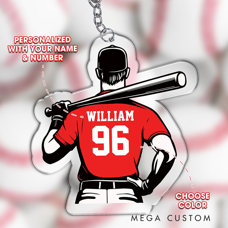 Personalized Acrylic Baseball Athlete Keychain with Customizable Team Colors and Text 