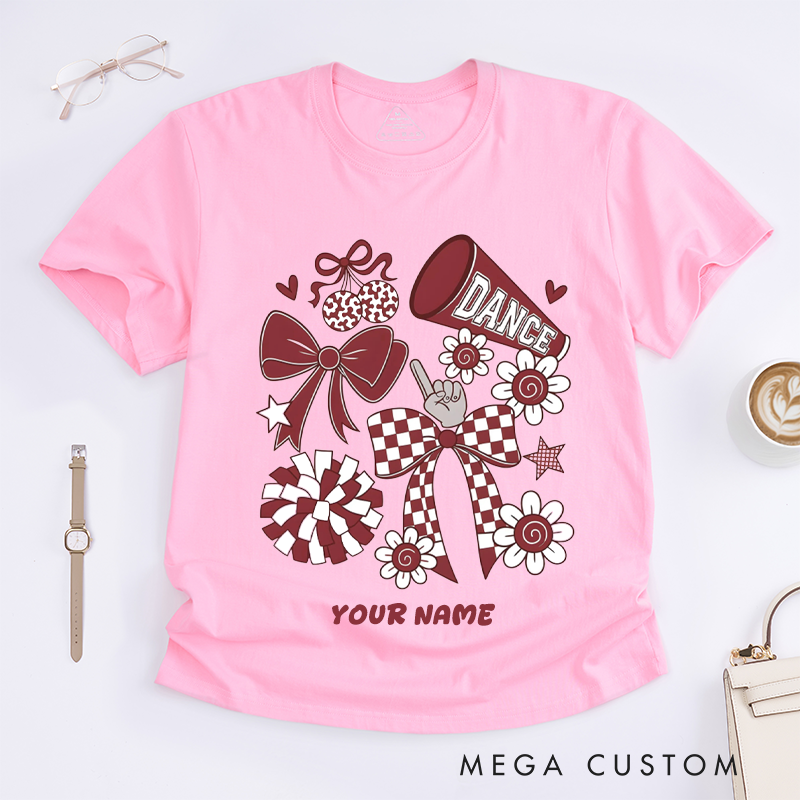 Personalized Dance Cheerleading T-Shirts for Girls Custom Name Cheer Squad Team Spirit Gift Unique Pom Pom Bow Flower Design for Dance Lovers