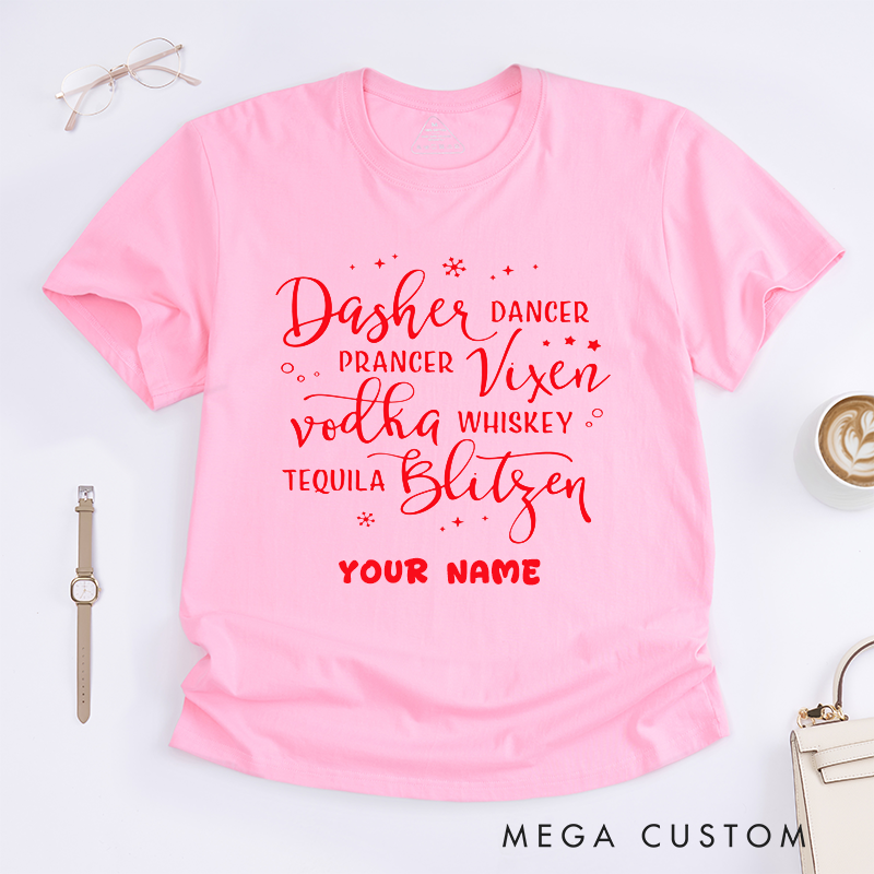 Personalized Funny Reindeer Names Christmas T-Shirts Custom Name Drinking Themed Tee Gift for Women Humorous Vodka Whiskey Tequila Dance Lovers