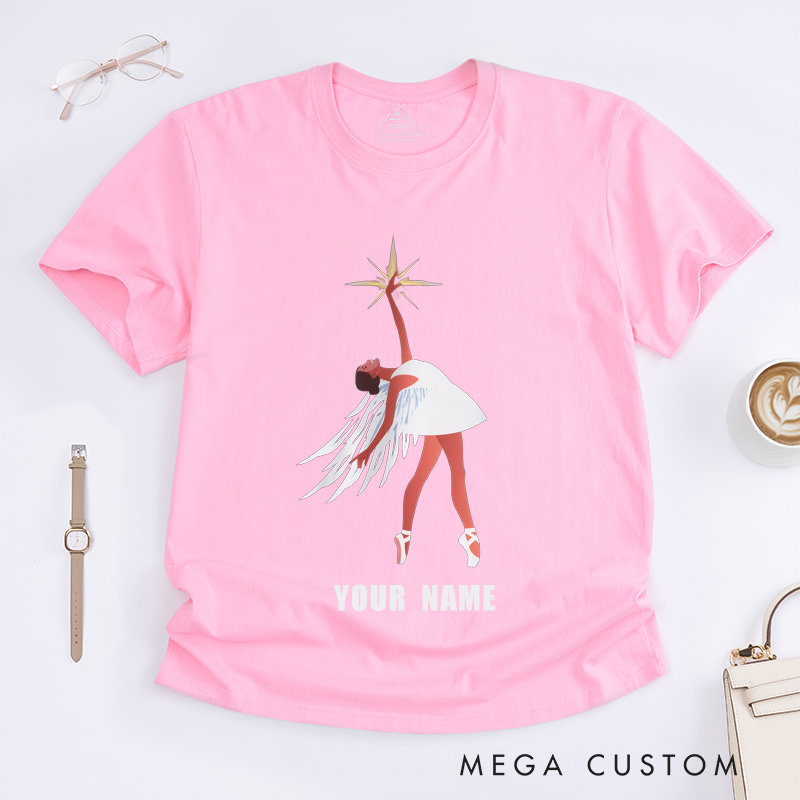Personalized Angel Ballerina T-Shirts Custom Name Wings Dancer Unique Gift for Women Ballet Lover Dance Girlfriend Daughter Elegant Art Tee