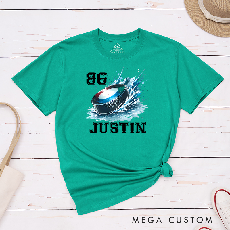 Personalized Hockey T-Shirt with Splashed Ice Puck Design and Custom Name
