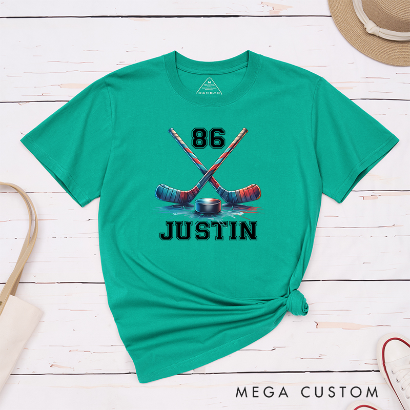 Personalized Ice Hockey T-Shirt with Crossed Sticks and Custom Name  