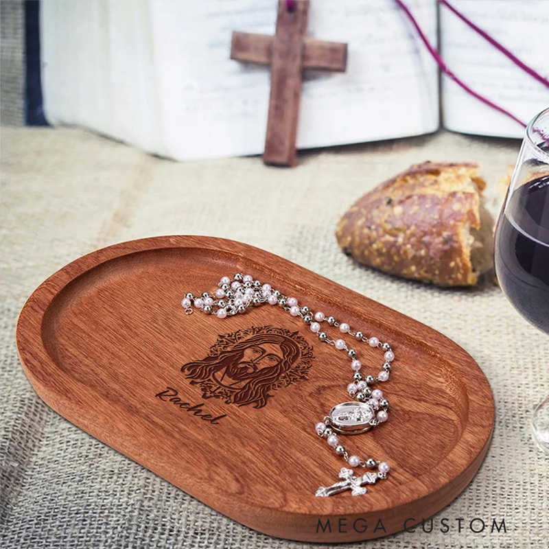 Personalized Jesus Wooden Rosary Tray with Engraved Name Religious Gift Birthday Gift for Christians