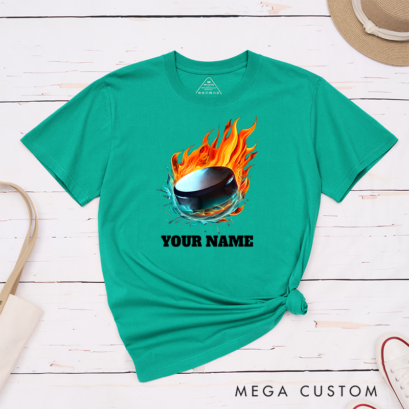 Personalized Flaming Hockey Puck T-Shirt with Custom Name  