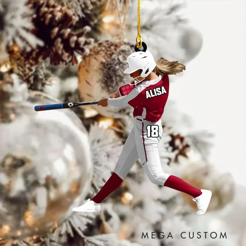 Personalized Softball Player Acrylic Ornament with Custom Name, Number, and Uniform Colors