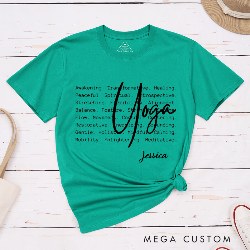 Personalized Yoga T-Shirt with Inspirational Word Art Design Custom Name Perfect Gift for Yoga Lover