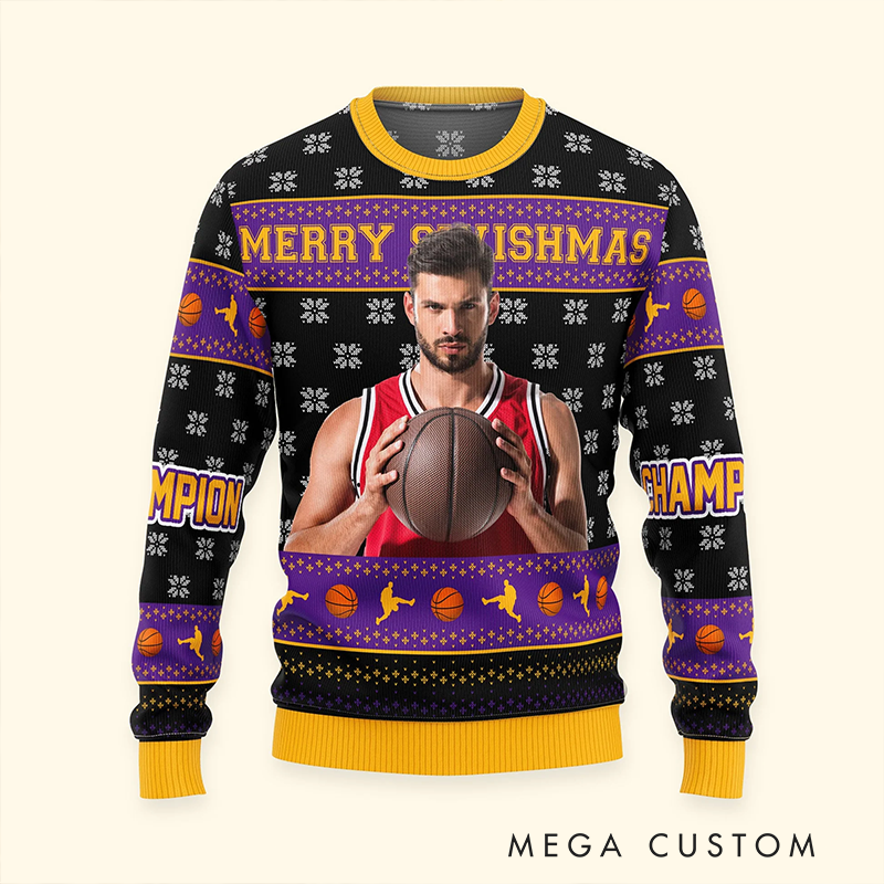 Personalized Basketball Christmas Sweater with Custom Photo and Festive Design