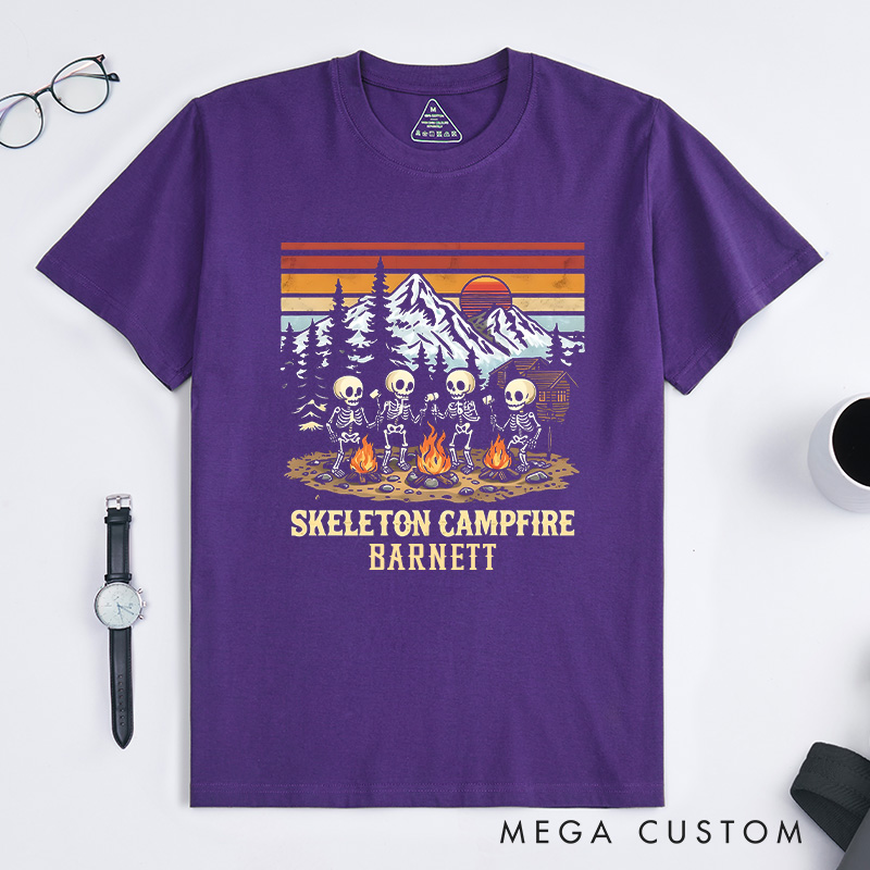 Personalized Skeleton Campfire T-Shirt Camping Hiking Lovers Shirt Halloween Gift Outdoor