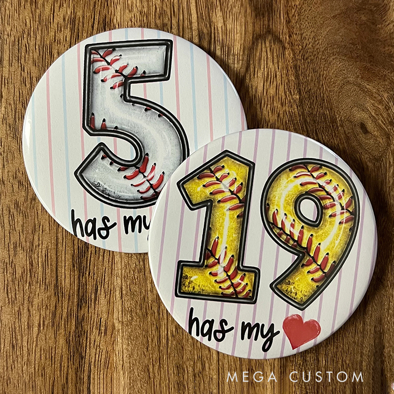 Personalized Baseball Themed Button with Number and Heart Details  