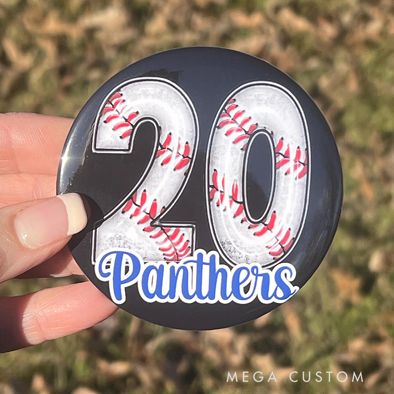 Personalized Baseball Themed Pin Badge with Custom Number and Team Name 