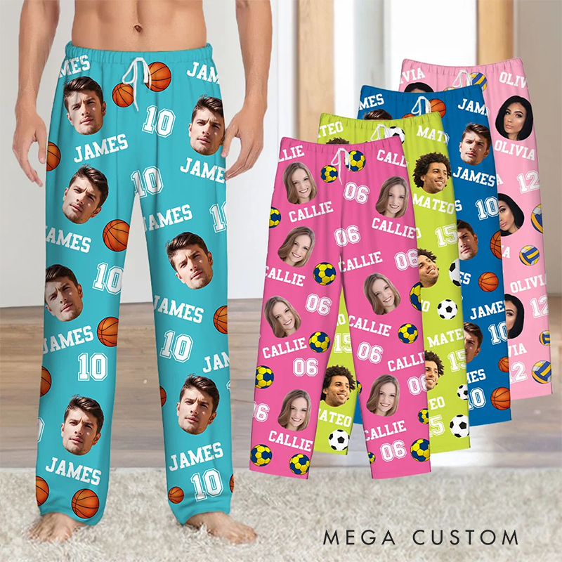 Personalized Sports-Themed Pajama Pants with Custom Name, Photo, and Number Design