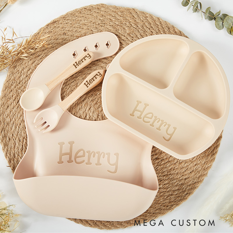 Personalized Engraved Silicone Baby Weaning Set Baby Feeding Plate and Bib Unique Baby Shower Gift  Baby Essentials Baby Shower Gift