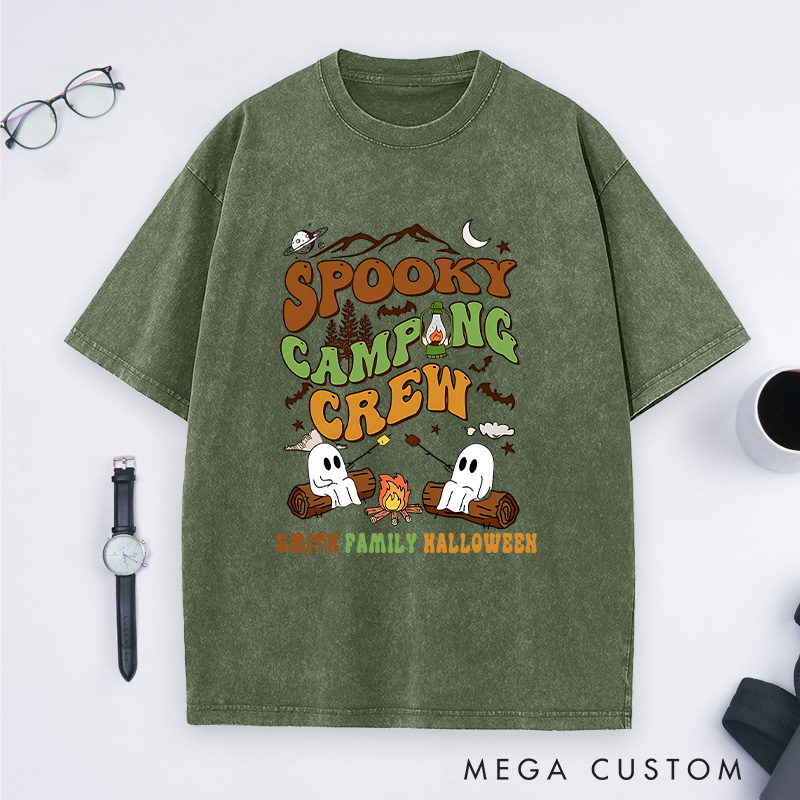 Personalized Spooky Camping Crew Washed T-Shirt a Haunted Campfire Adventure T-Shirt Halloween Gift Outdoor Lover