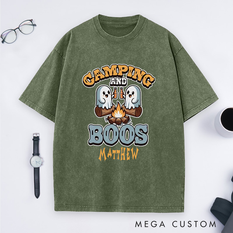 Personalized Camping and Boos Washed T-Shirt Halloween Camping Hiking Lovers Shirt Halloween Gift