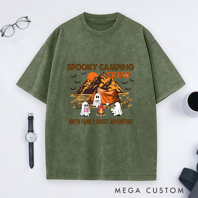 Personalized Spooky Camping Crew Washed T-Shirt Ghostly Adventures Shirt Halloween Gift Hiking Outdoors